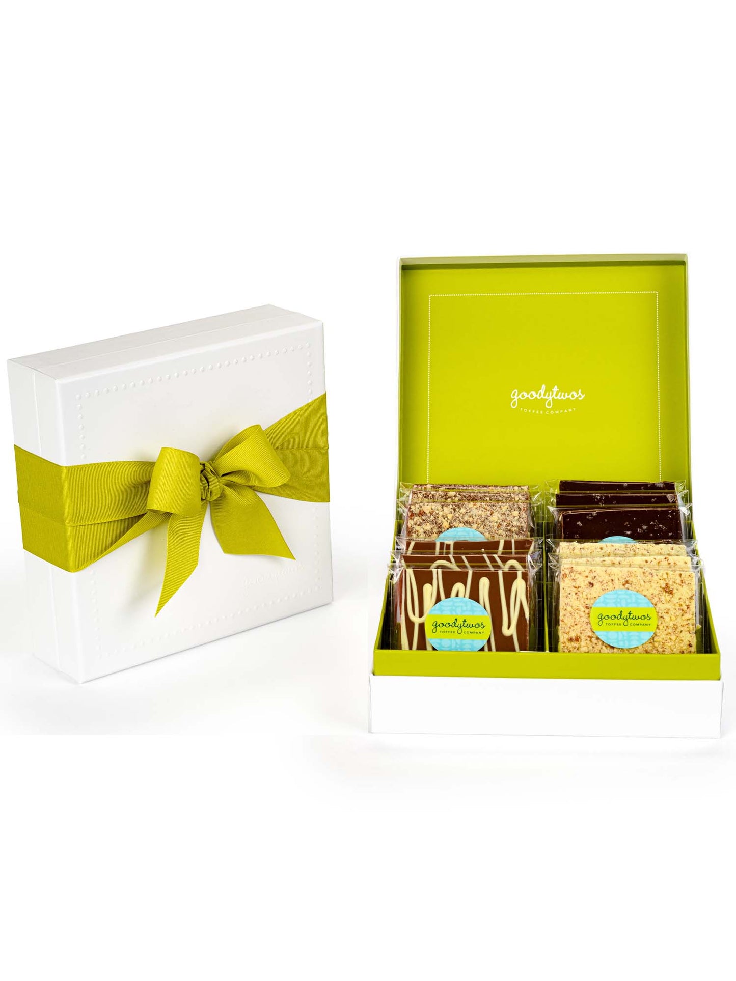 Goodytwos 12-piece Goody Gift Box with green ribbon, goodytwos.com