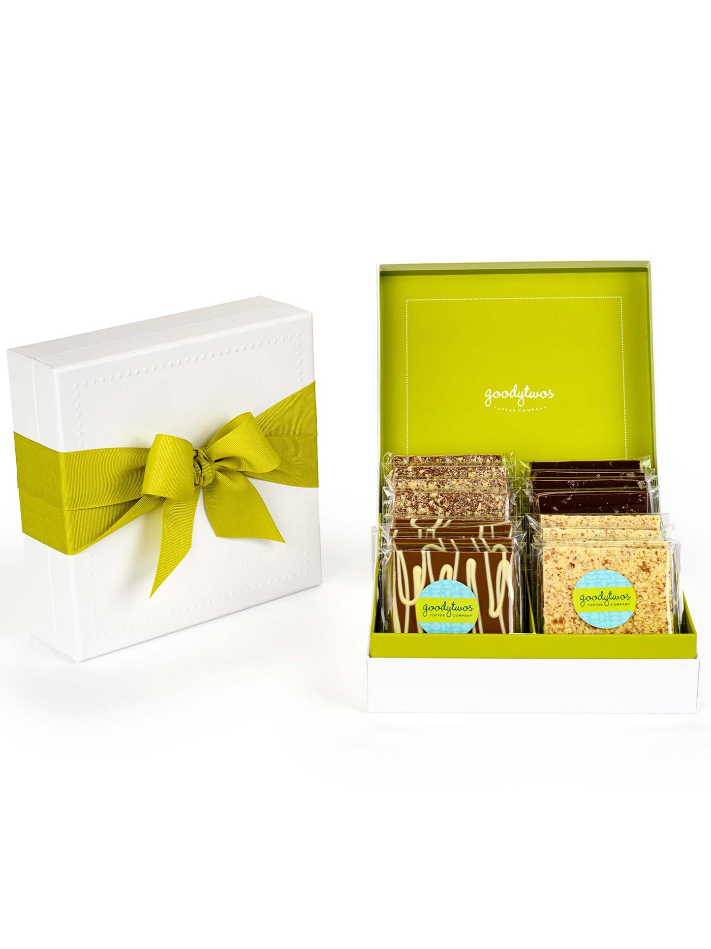 Goodytwos 16-piece Goody Gift Box with green ribbon, goodytwos.com