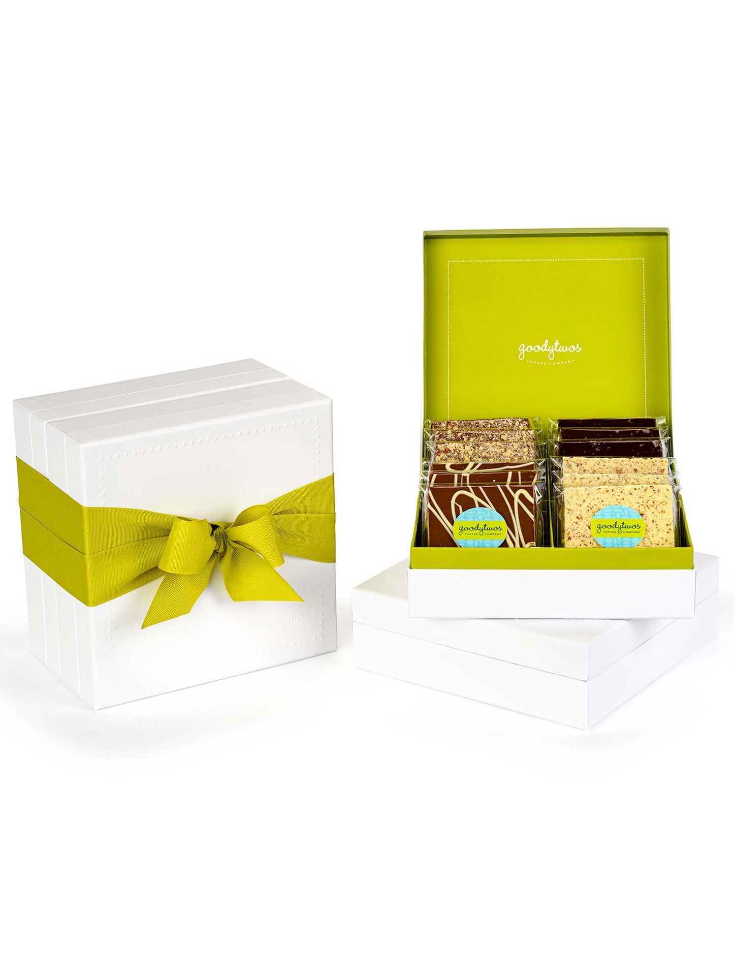 Goodytwos 24-piece Goody Gift Box Stack with green ribbon, goodytwos.com