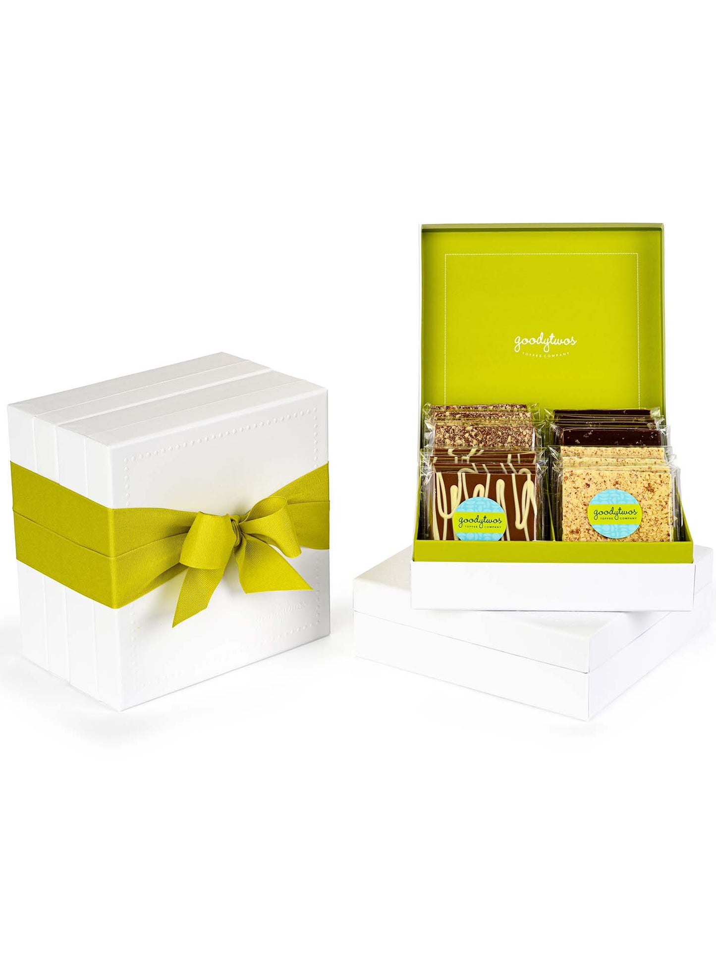 Goodytwos 32-piece Goody Gift Box Tower with green ribbon, goodytwos.com