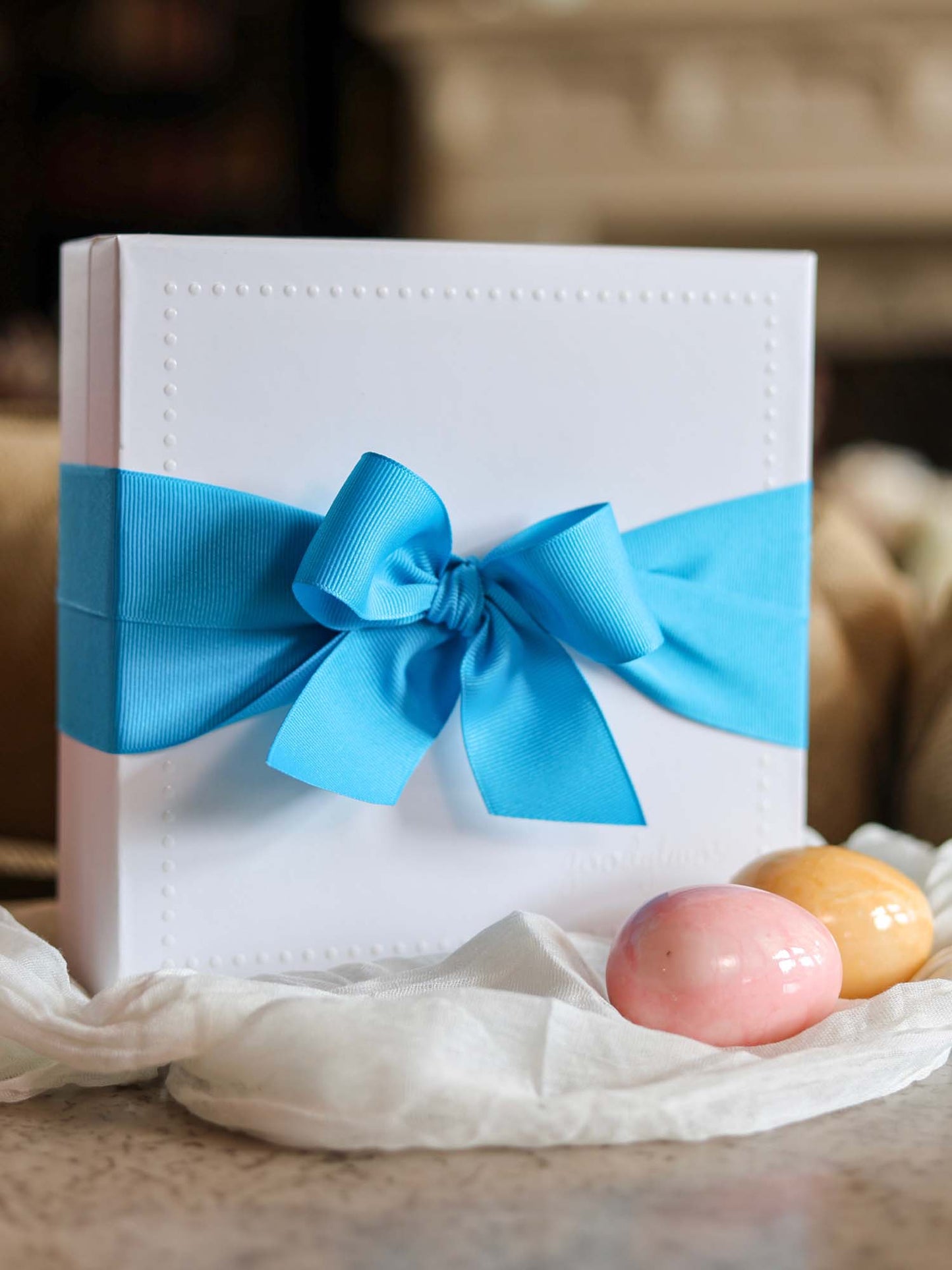 Goodytwos toffee Goody Gift Box with bright blue  ribbon, goodytwos.com