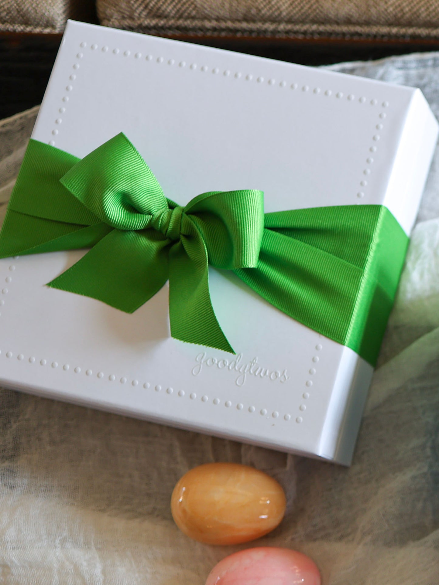 Goodytwos toffee Goody Gift Box with Goody Green ribbon, goodytwos.com