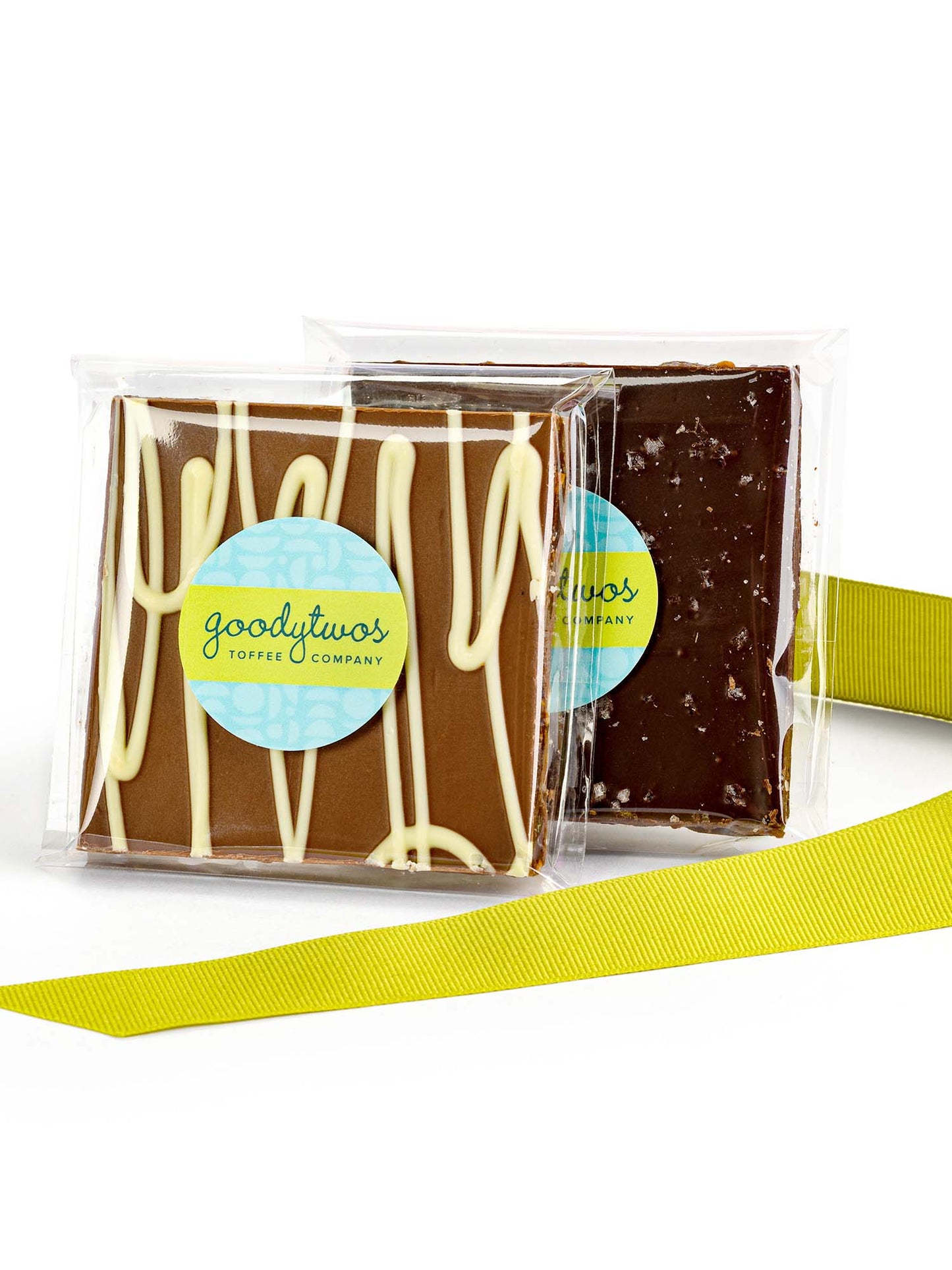 Goodytwos Duo Double Crossed and Sweet & Salty toffee with green ribbon, goodytwos.com
