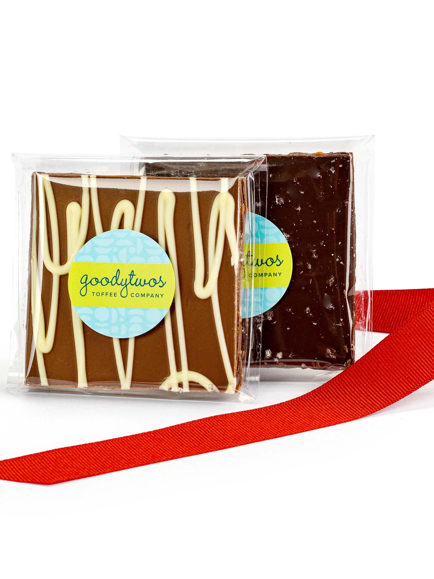 Goodytwos Duo Double Crossed and Sweet & Salty toffee with red ribbon, goodytwos.com